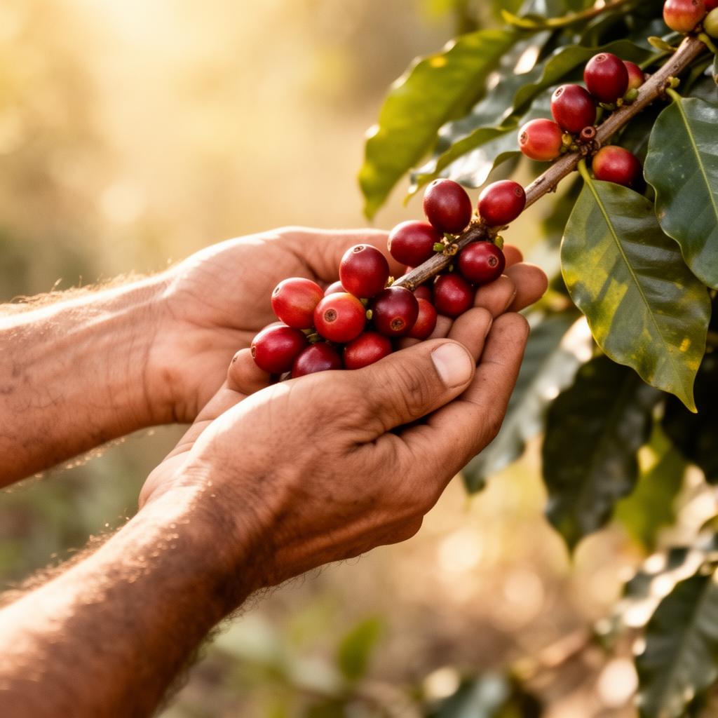 Mãos colhendo cerejas de café maduras na fazenda